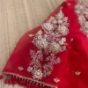 Red High Neck Blouse with Elegant Net Embroidery